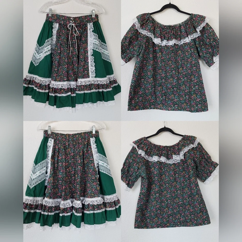 Fun & Fancy Originals Green Floral Squared Dance Skirt‎ Set Size Meduim